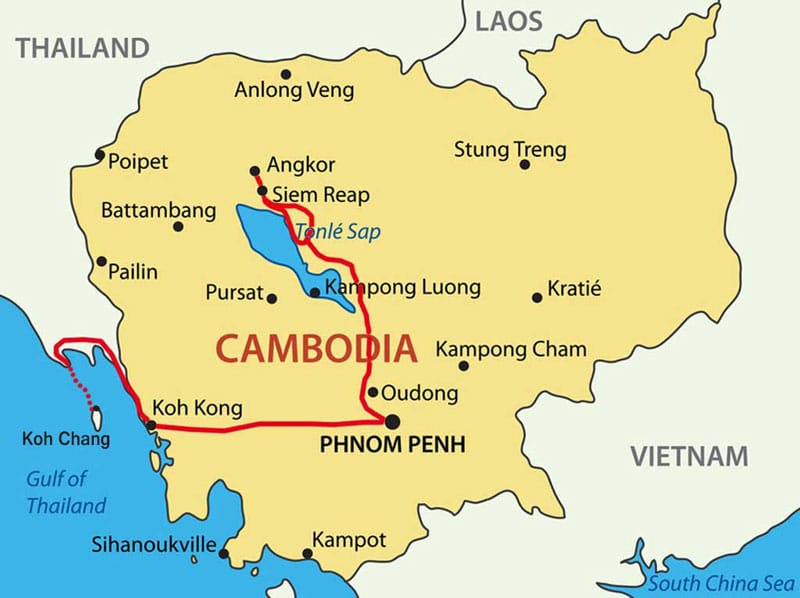 Karte Ihrer Reiseroute von Siem Reap nach Phnom Penh und Koh Chang